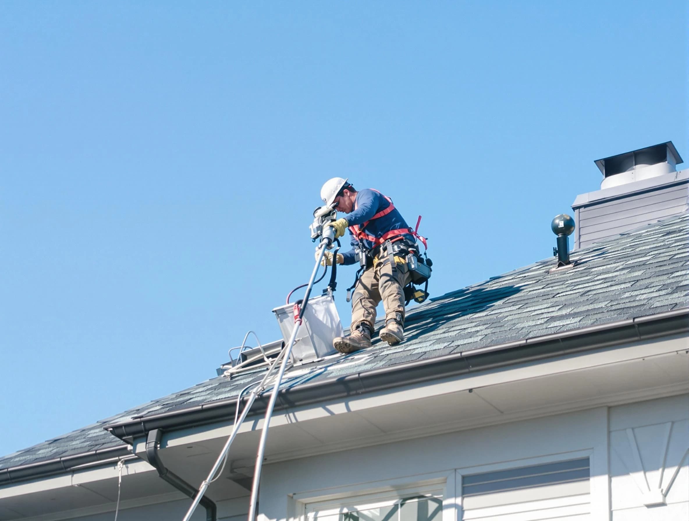 Newnan Dryer Vent Cleaning certified technician cleaning a roof-mounted dryer vent system in Newnan