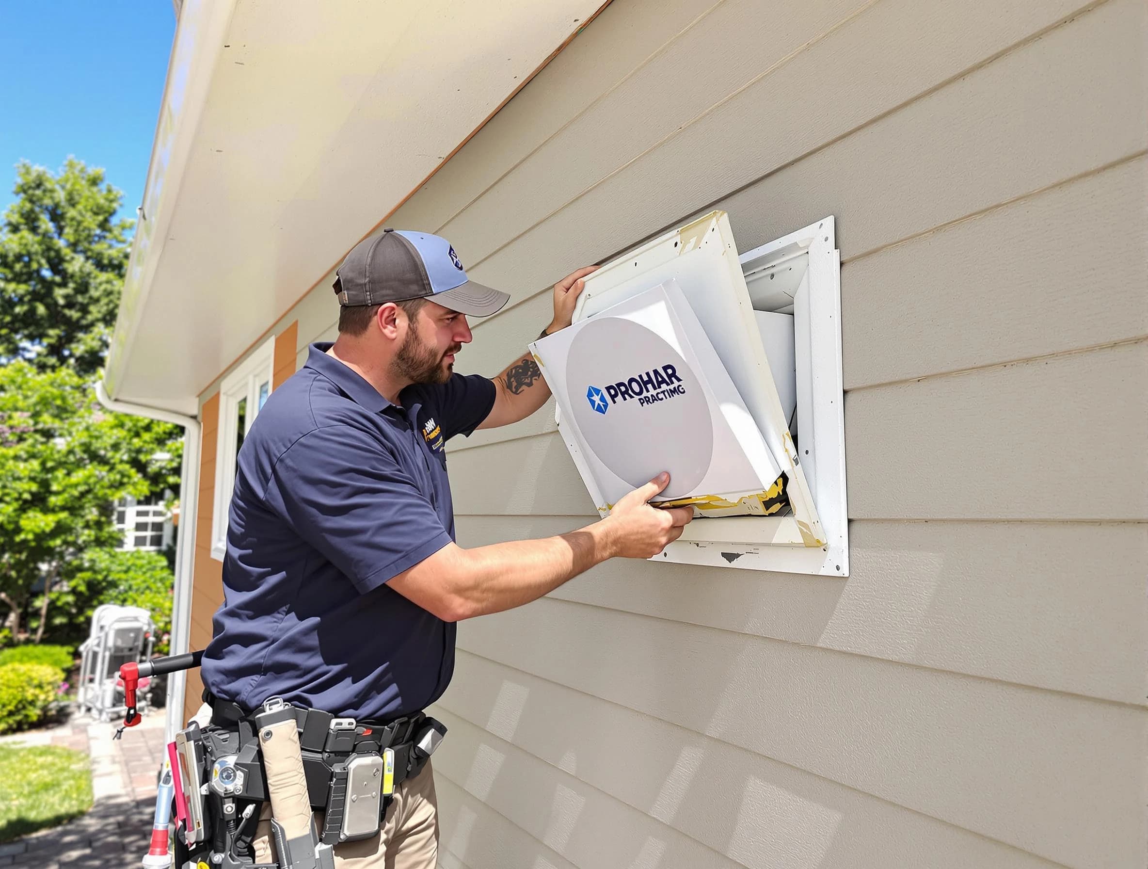Newnan Dryer Vent Cleaning technician installing a new protective dryer vent cover on a home in Newnan