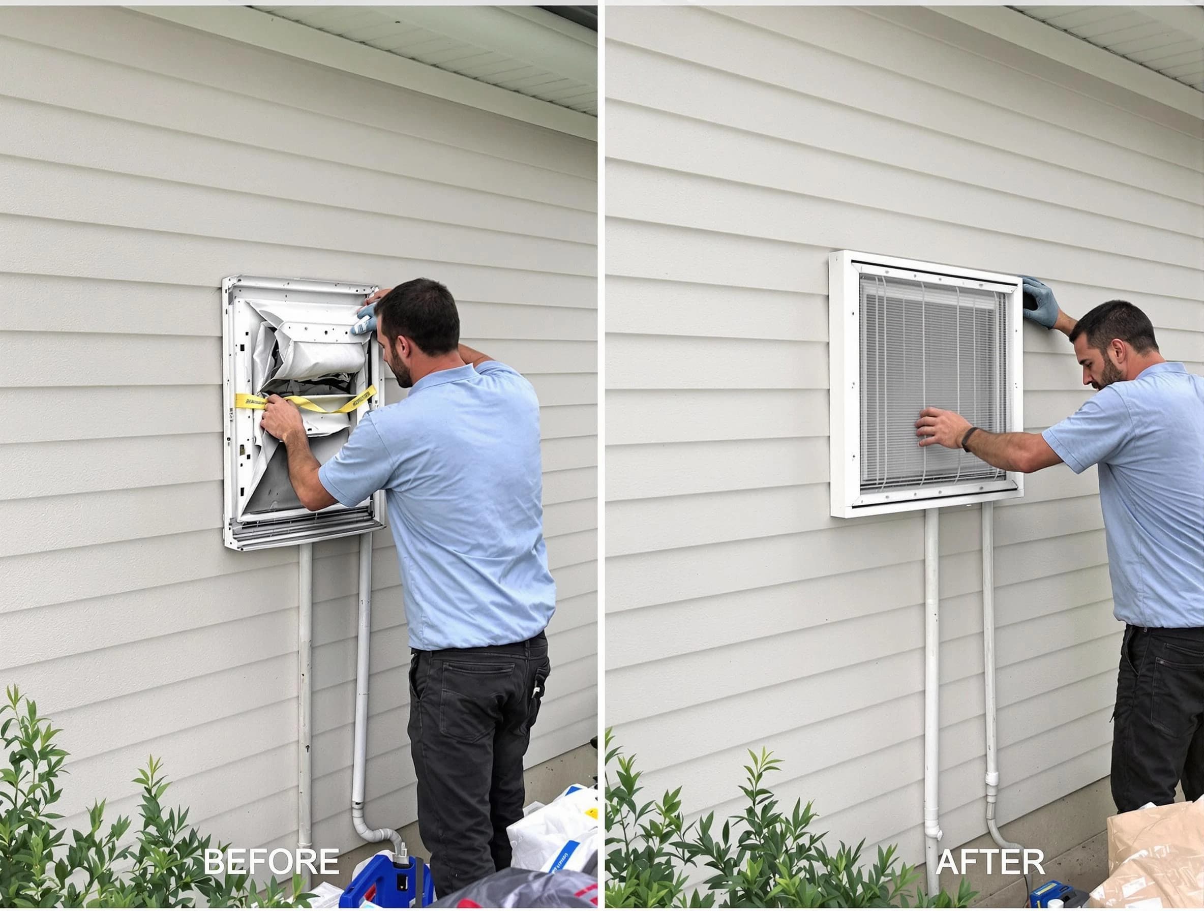 Newnan Dryer Vent Cleaning technician installing high-quality dryer vent cover at a residential property in Newnan