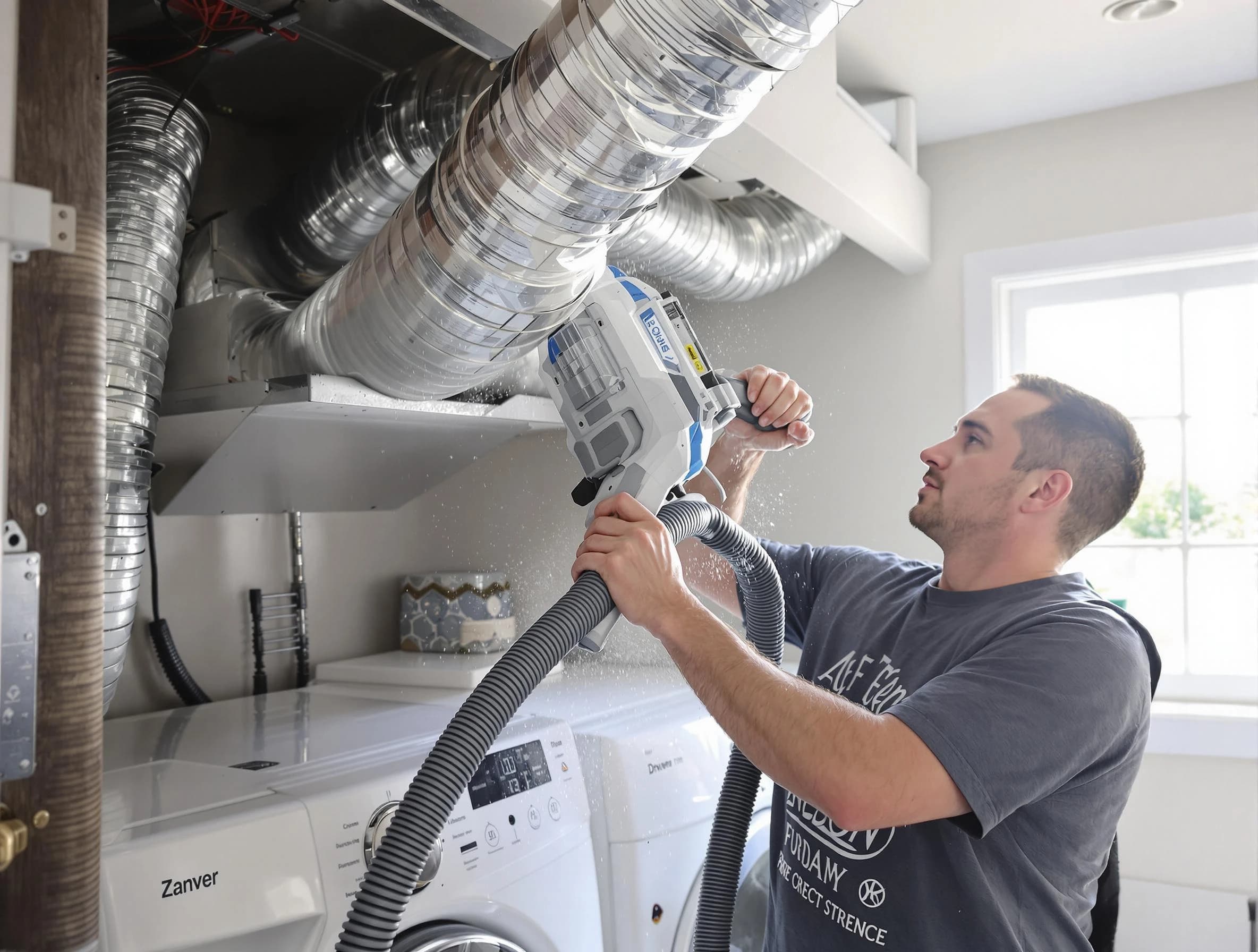 Newnan Dryer Vent Cleaning specialist cleaning deep within a dryer vent duct system in Newnan