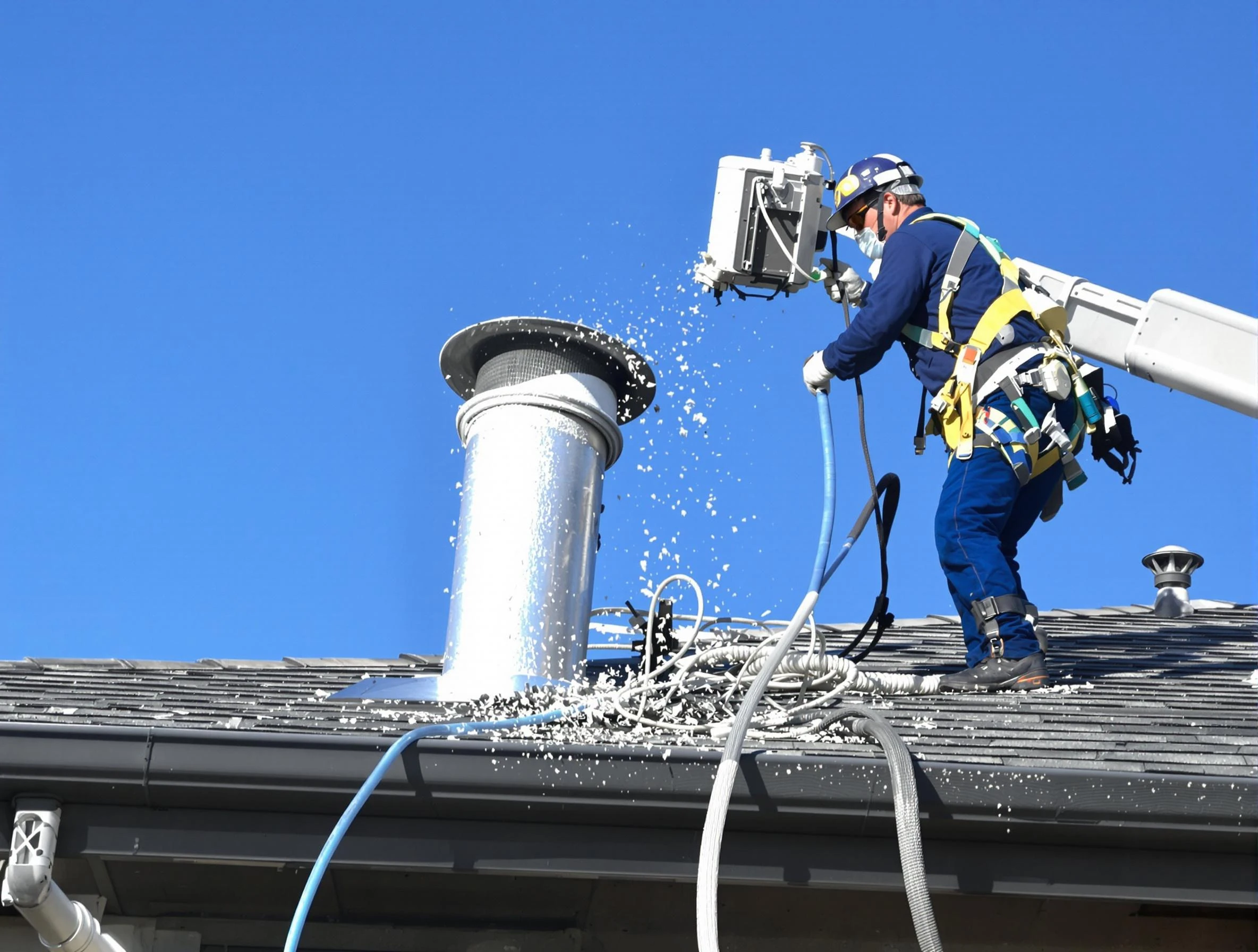 Newnan Dryer Vent Cleaning certified technician safely cleaning a roof-mounted dryer vent in Newnan